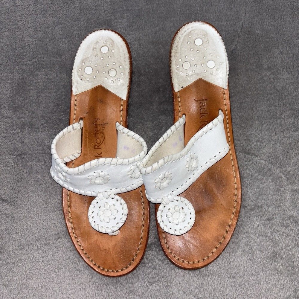 Jack Rogers Sandals Womens Sz 4 White Palm Beach‎ Leather Thong Flip Flops USA